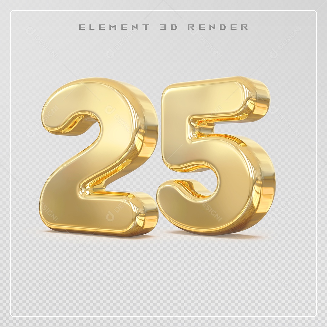 Elemento 3D Número 25 Dourado para Composição PSD