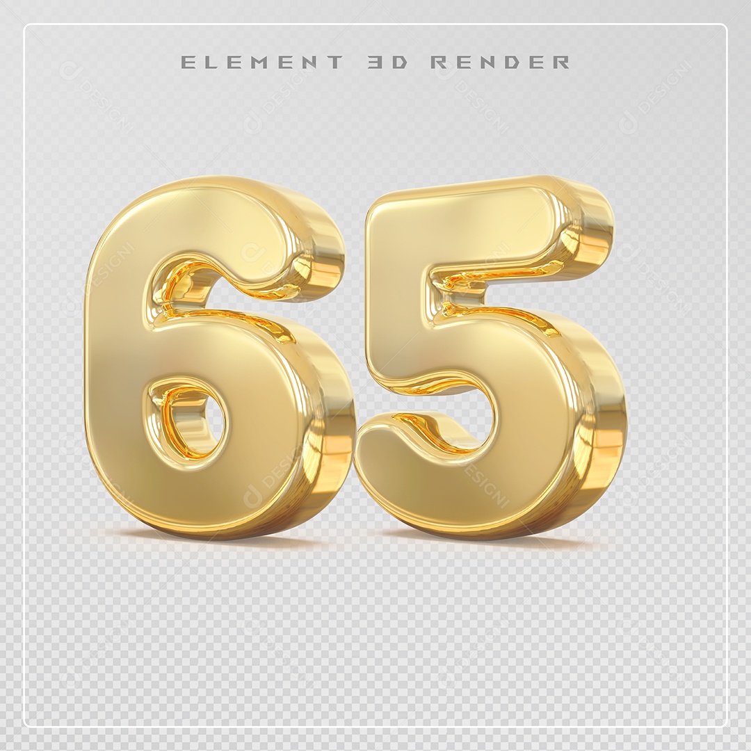 Elemento 3D Número 65 Dourado para Composição PSD