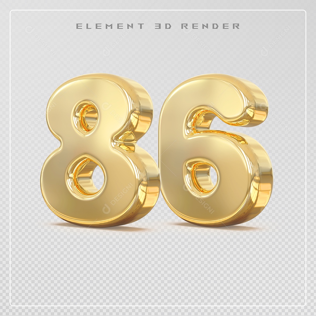 Elemento 3D Número 86 Dourado para Composição PSD