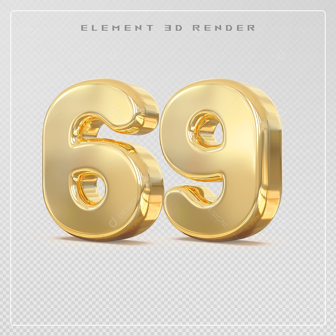 Elemento 3D Número 69 Dourado para Composição PSD
