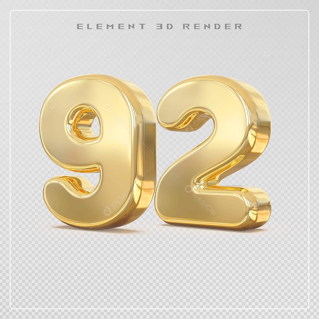 Elemento 3D Número 92 Dourado para Composição PSD