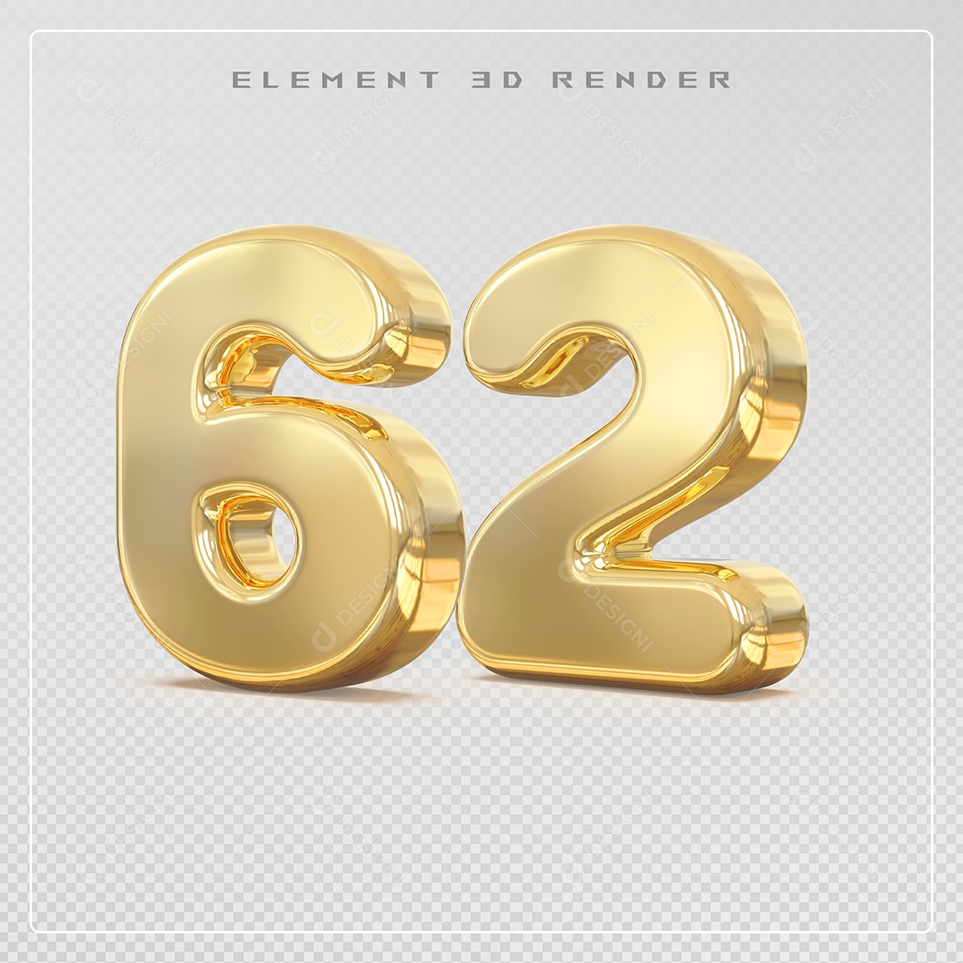Elemento 3D Número 62 Dourado para Composição PSD