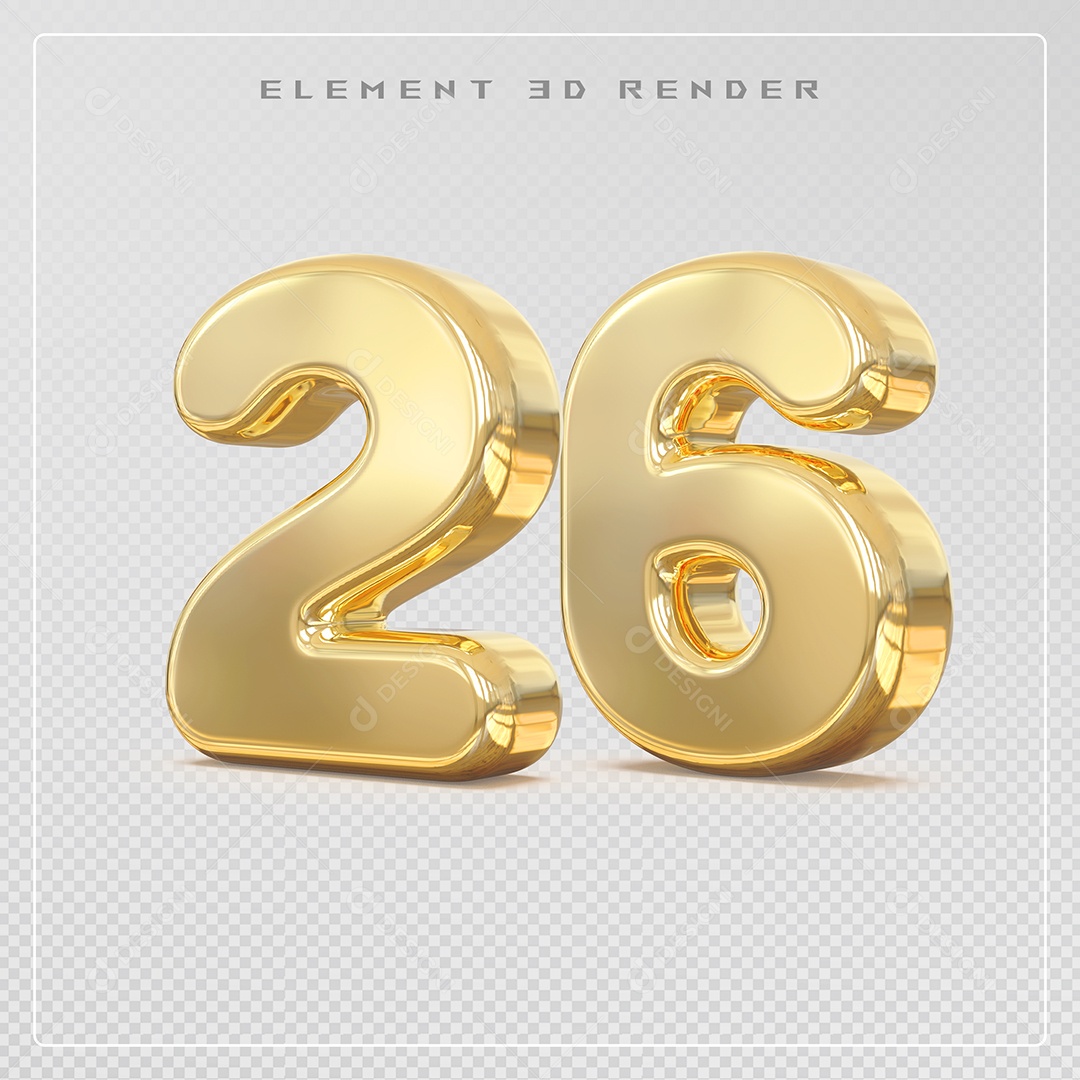 Elemento 3D Número 26 Dourado para Composição PSD