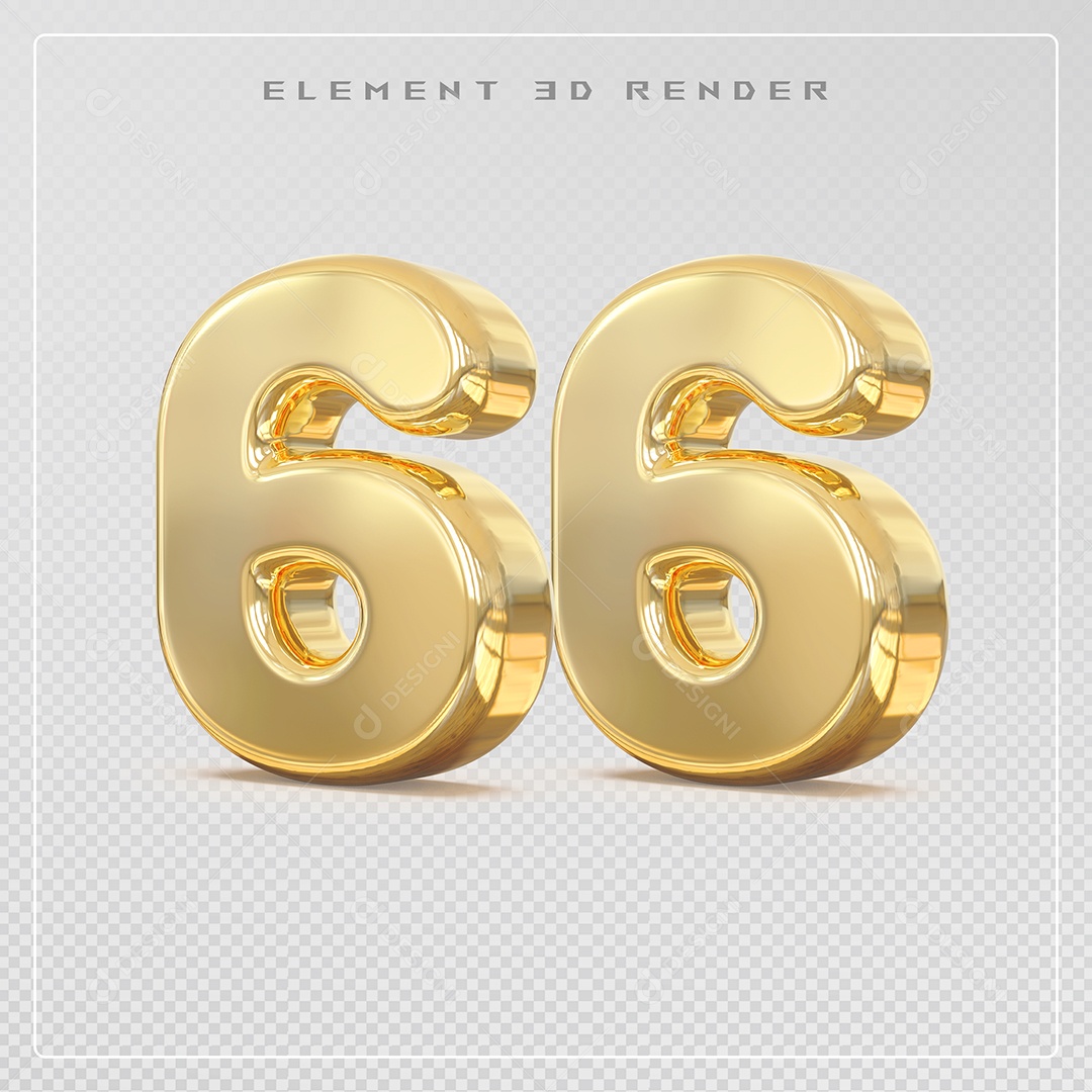 Elemento 3D Número 66 Dourado para Composição PSD