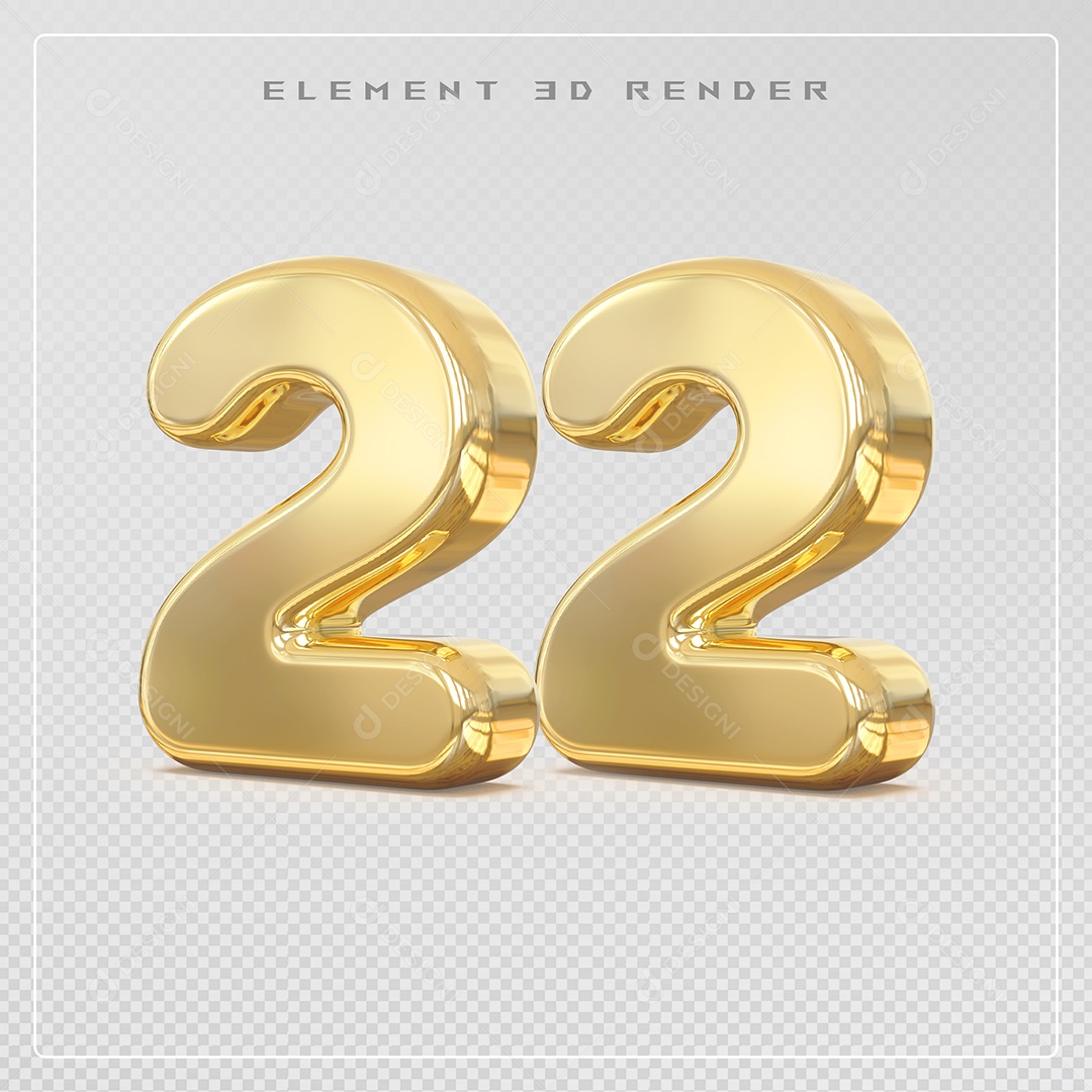 Elemento 3D Número 22 Dourado para Composição PSD