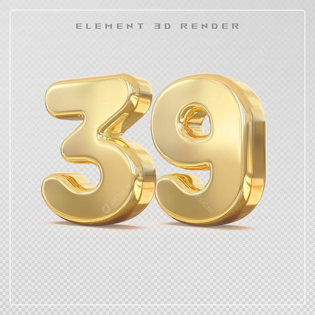 Elemento 3D Número 39 Dourado para Composição PSD