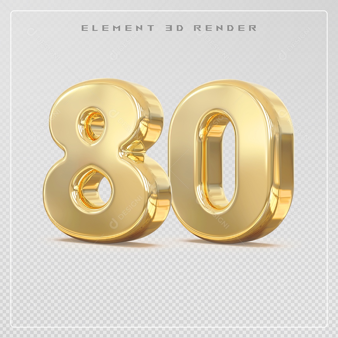 Elemento 3D Número 80 Dourado para Composição PSD