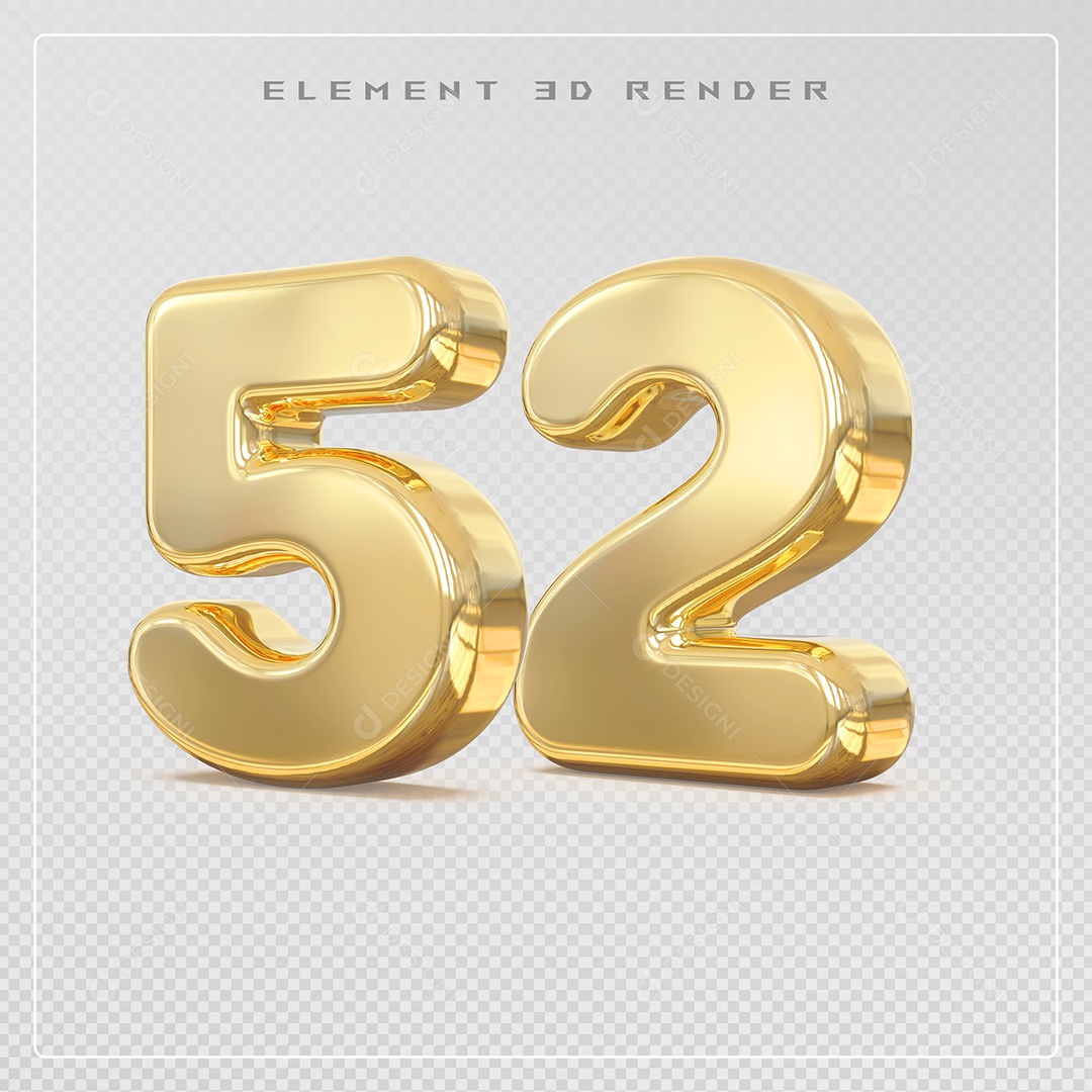 Elemento 3D Número 52 Dourado para Composição PSD