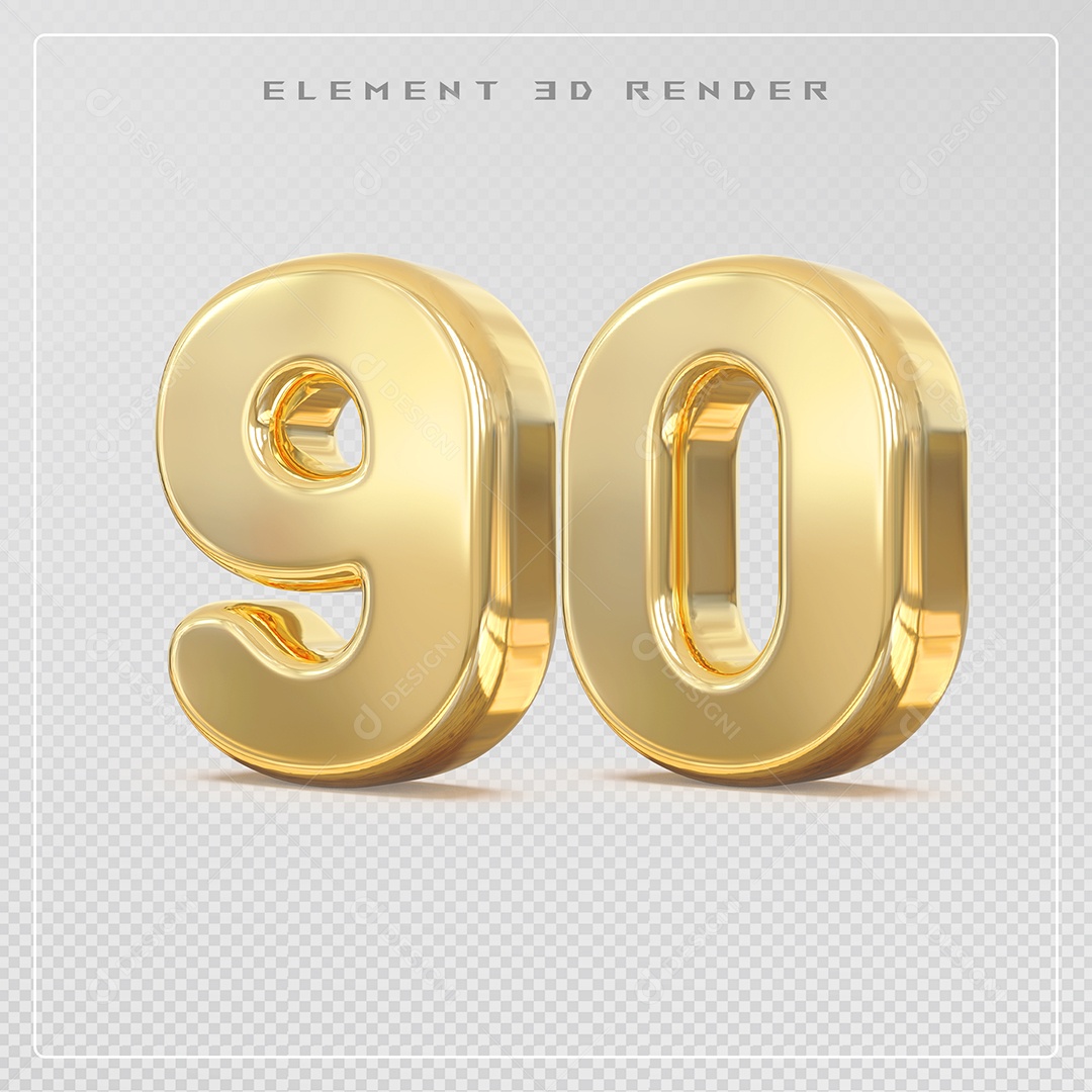 Elemento 3D Número 90 Dourado para Composição PSD