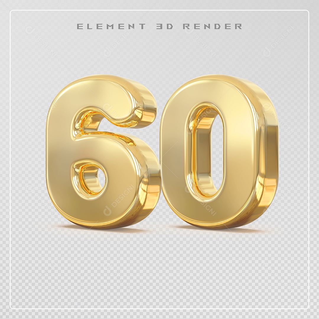 Elemento 3D Número 60 Dourado para Composição PSD