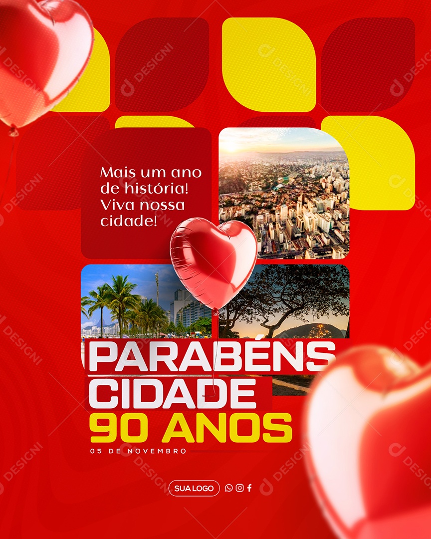 Parabéns Cidade 90 Anos Social Media PSD Editável