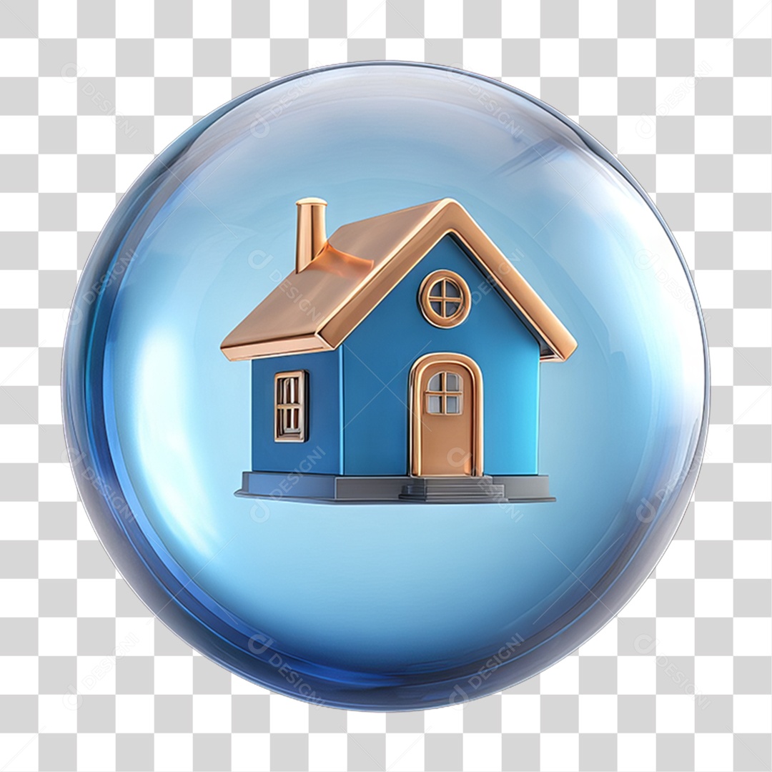 Ícone 3D de uma Casa Flutuando em uma Bolha PNG Transparente