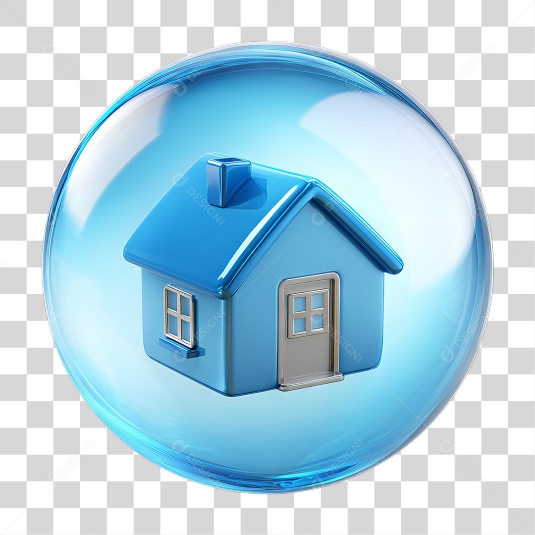 Ícone 3D de uma Casa Flutuando em uma Bolha PNG Transparente