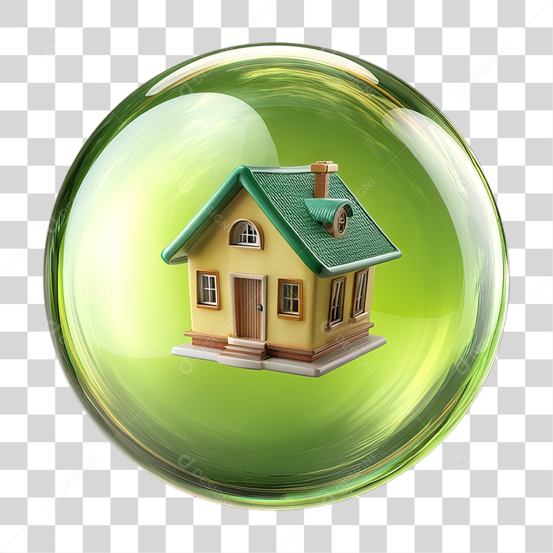 Ícone 3D de uma Casa Flutuando em uma Bolha PNG Transparente