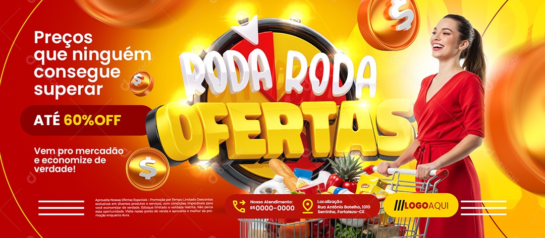 Banner Roda Roda Ofertas Supermercado Até 60% Off Social Media PSD Editável