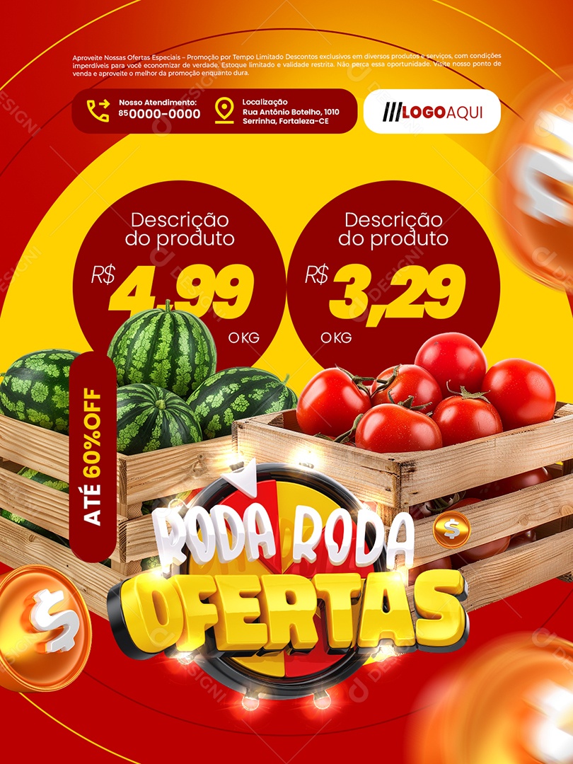 Roda Roda Ofertas Supermercado Hortifruti Melancia Tomate Social Media PSD Editável