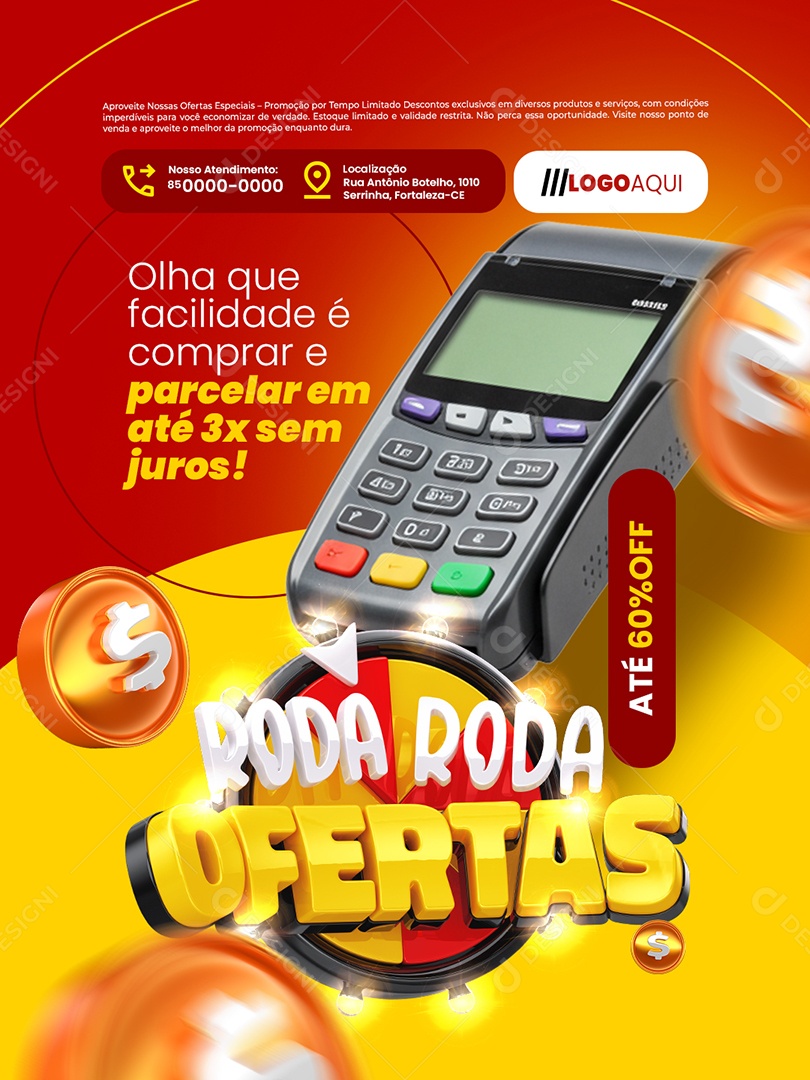 Roda Roda Ofertas Supermercado Parcelar em Até 3x Social Media PSD Editável