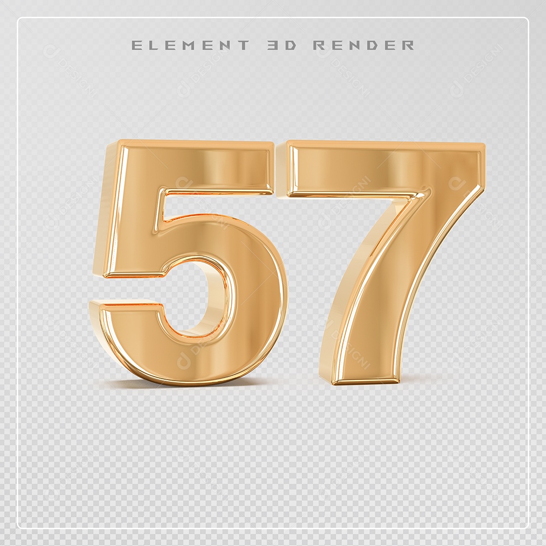 Elemento 3D Número 57 Dourado para Composição PSD