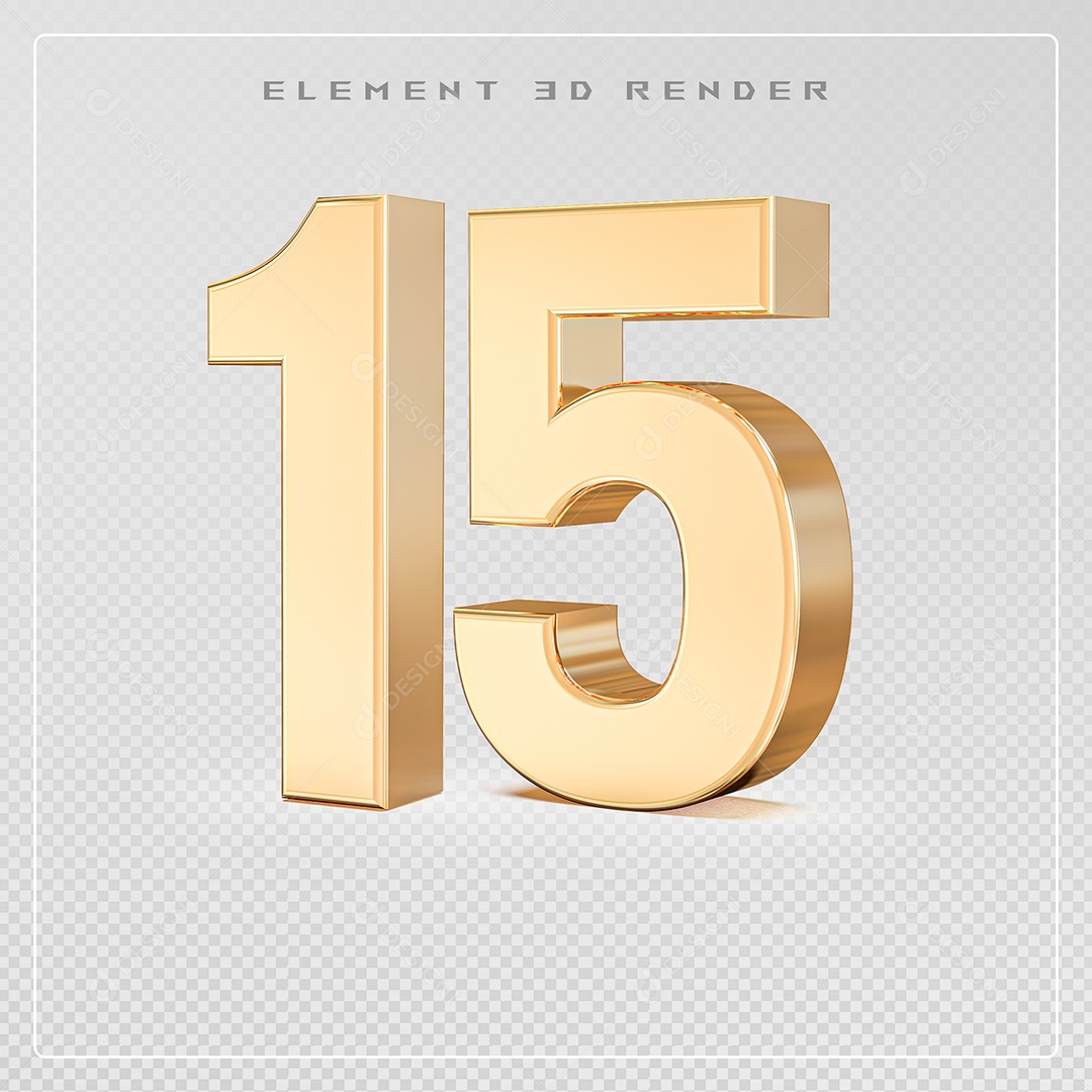 Elemento 3D Número 15 Dourado para Composição PSD