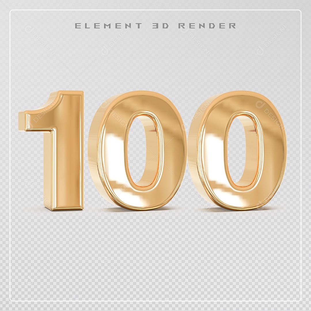 Elemento 3D Número 100 Dourado para Composição PSD