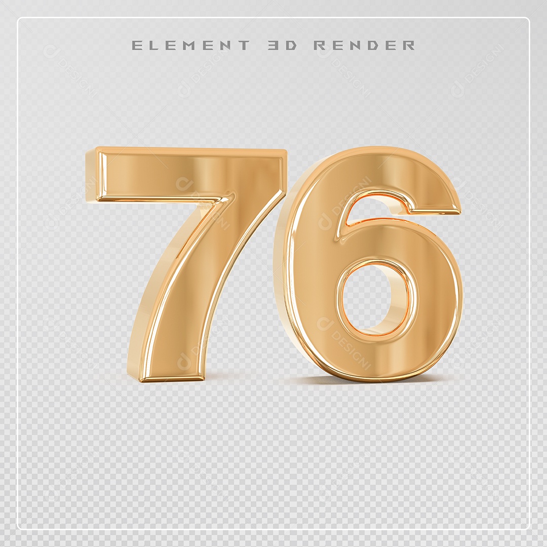 Elemento 3D Número 76 Dourado para Composição PSD