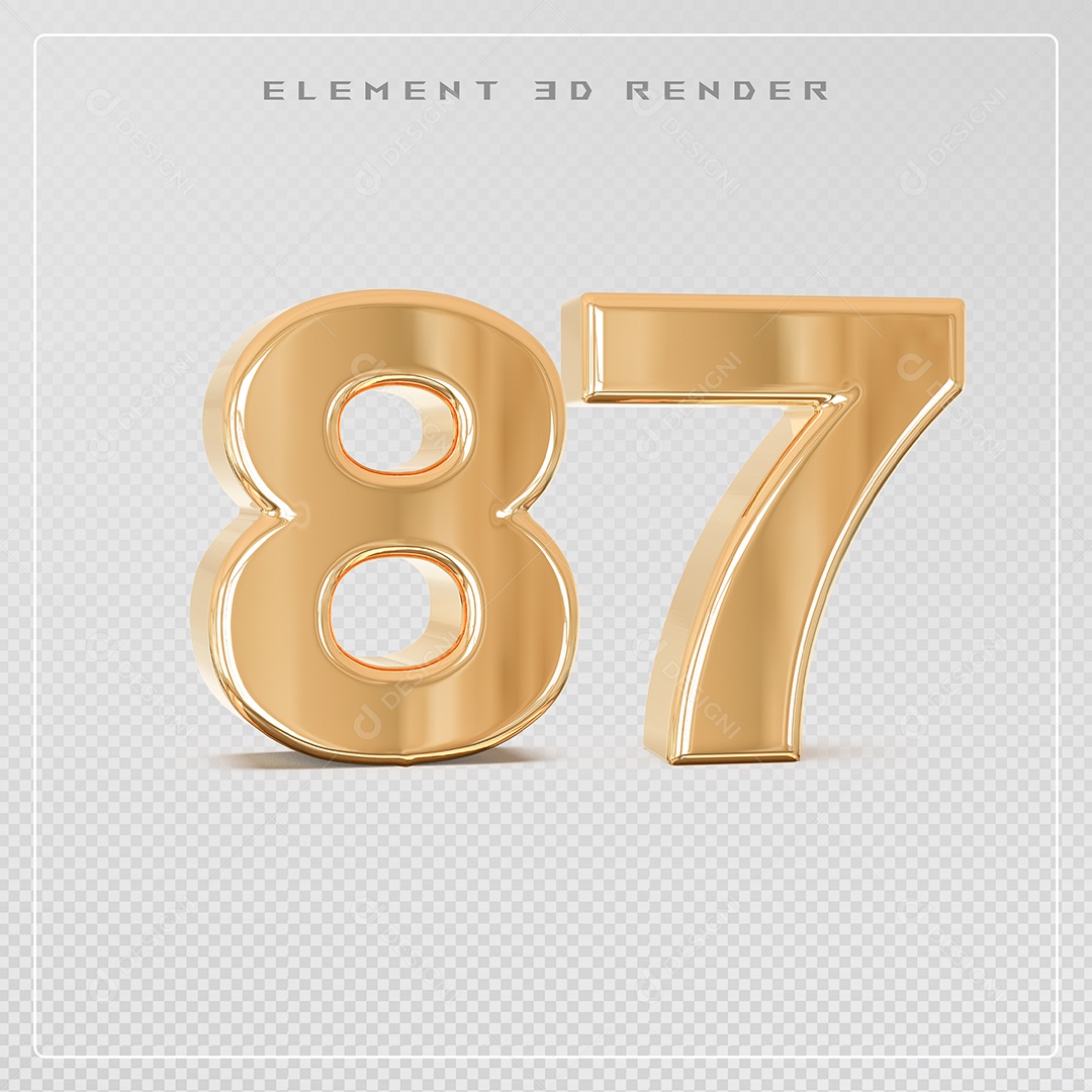 Elemento 3D Número 87 Dourado para Composição PSD