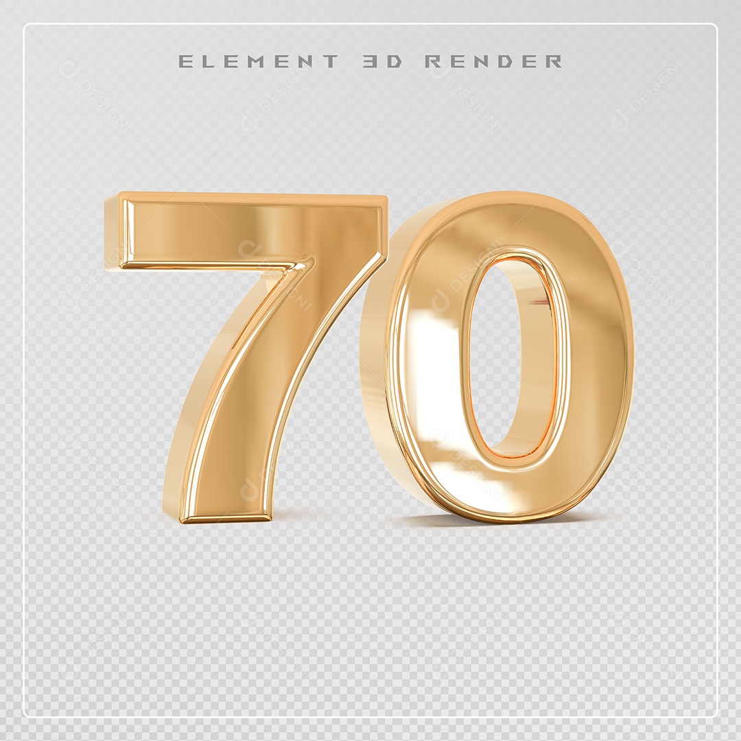 Elemento 3D Número 70 Dourado para Composição PSD