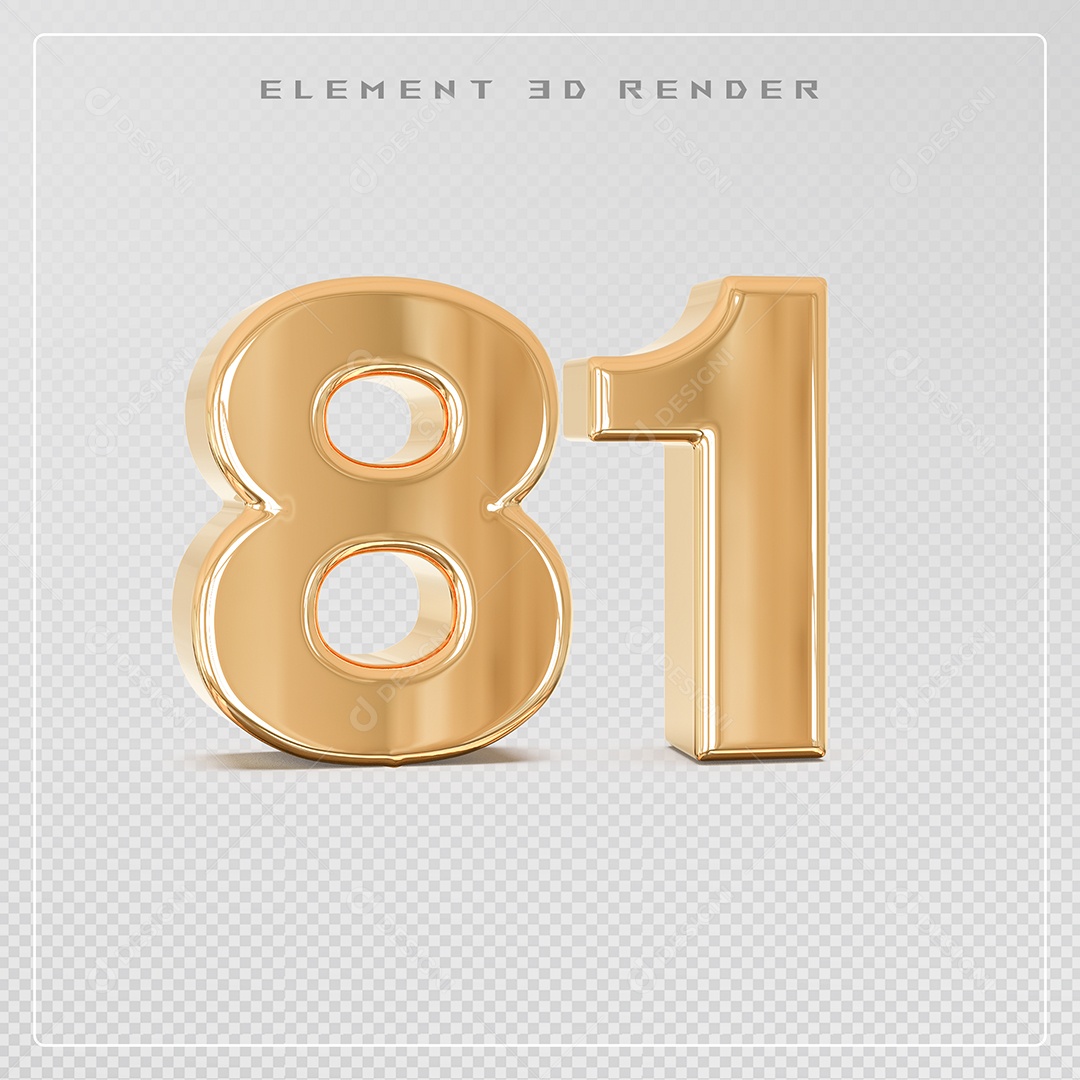 Elemento 3D Número 81 Dourado para Composição PSD