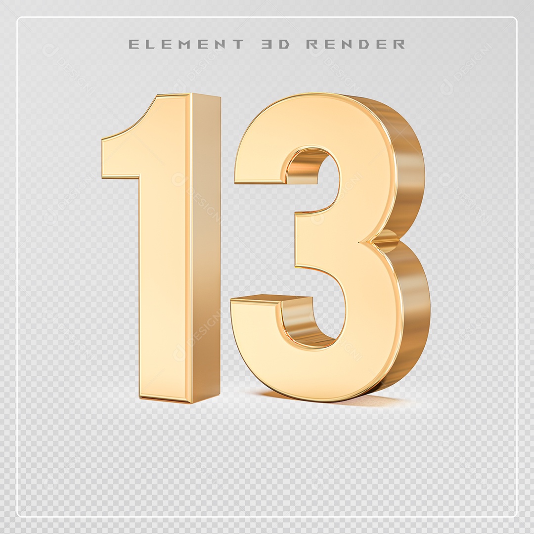 Elemento 3D Número 13 Dourado para Composição PSD