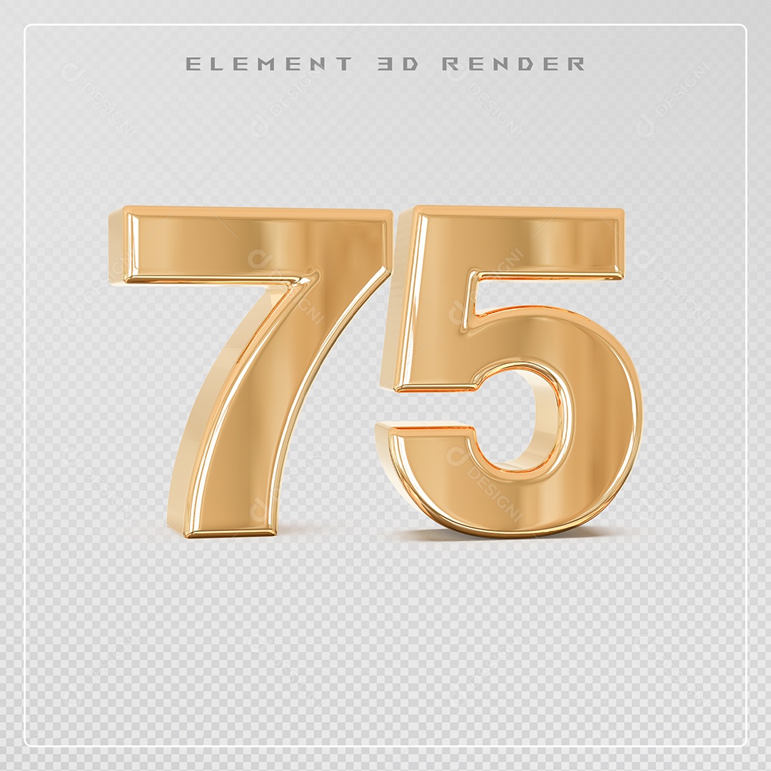 Elemento 3D Número 75 Dourado para Composição PSD