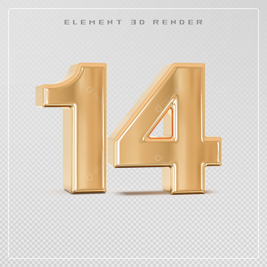 Elemento 3D Número 14 Dourado para Composição PSD