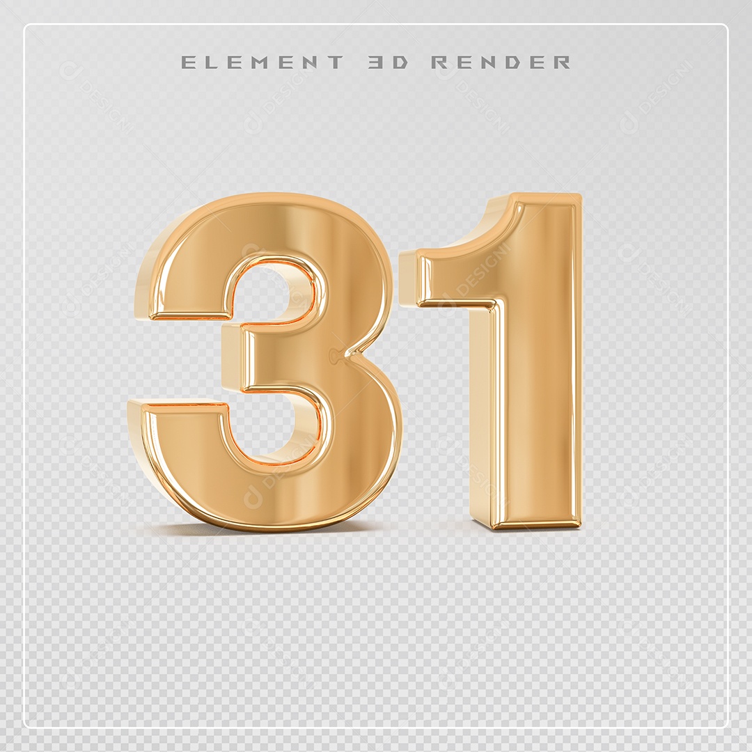Elemento 3D Número 31 Dourado para Composição PSD