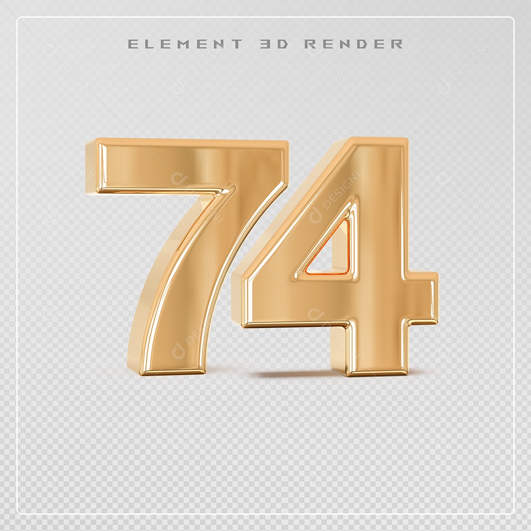 Elemento 3D Número 74 Dourado para Composição PSD