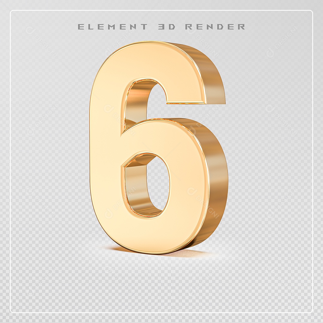 Elemento 3D Número 6 Dourado para Composição PSD