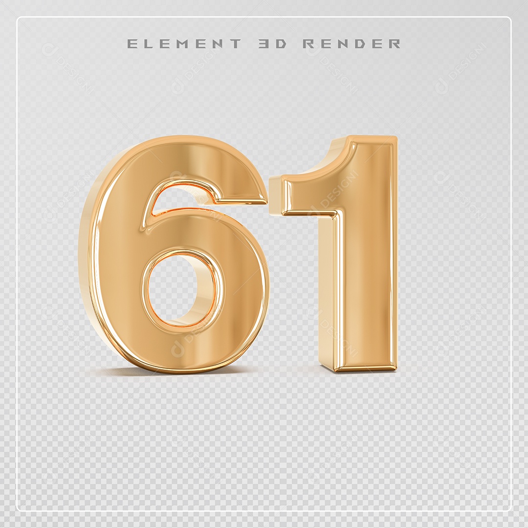 Elemento 3D Número 61 Dourado para Composição PSD