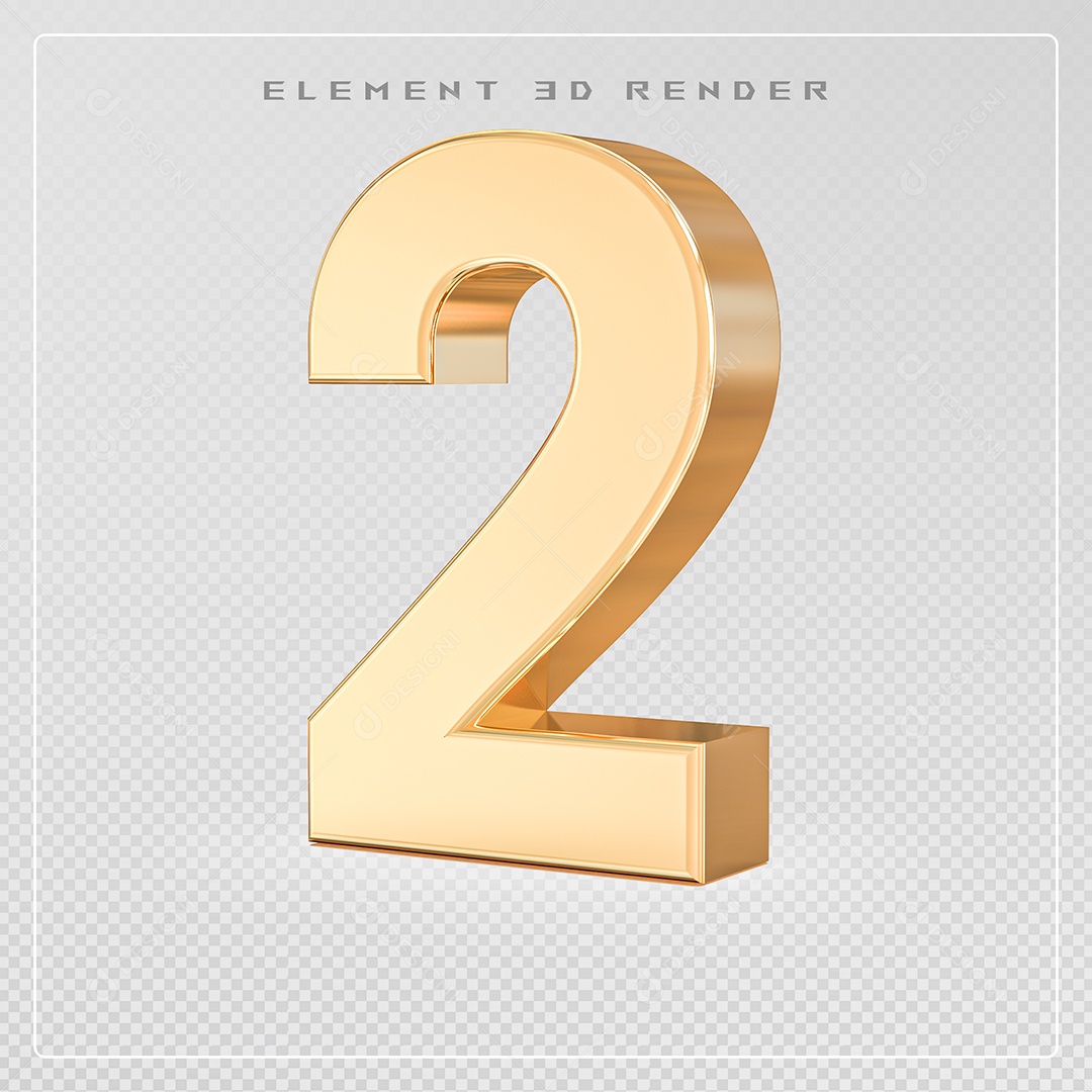 Elemento 3D Número 2 Dourado para Composição PSD