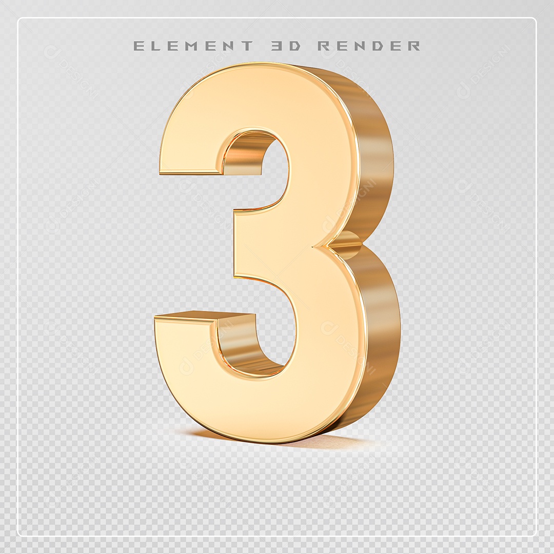Elemento 3D Número 3 Dourado para Composição PSD