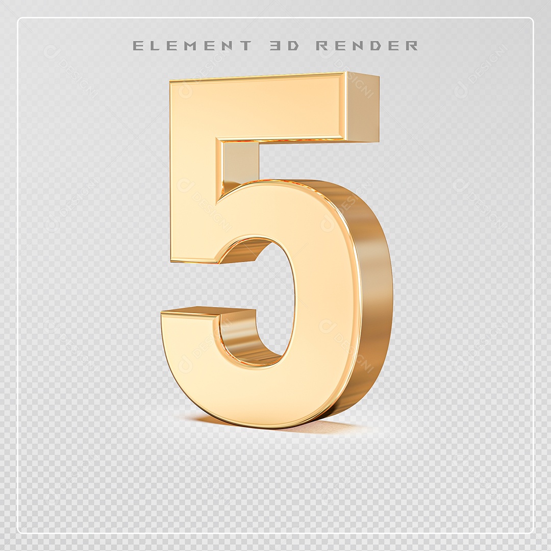 Elemento 3D Número 5 Dourado para Composição PSD