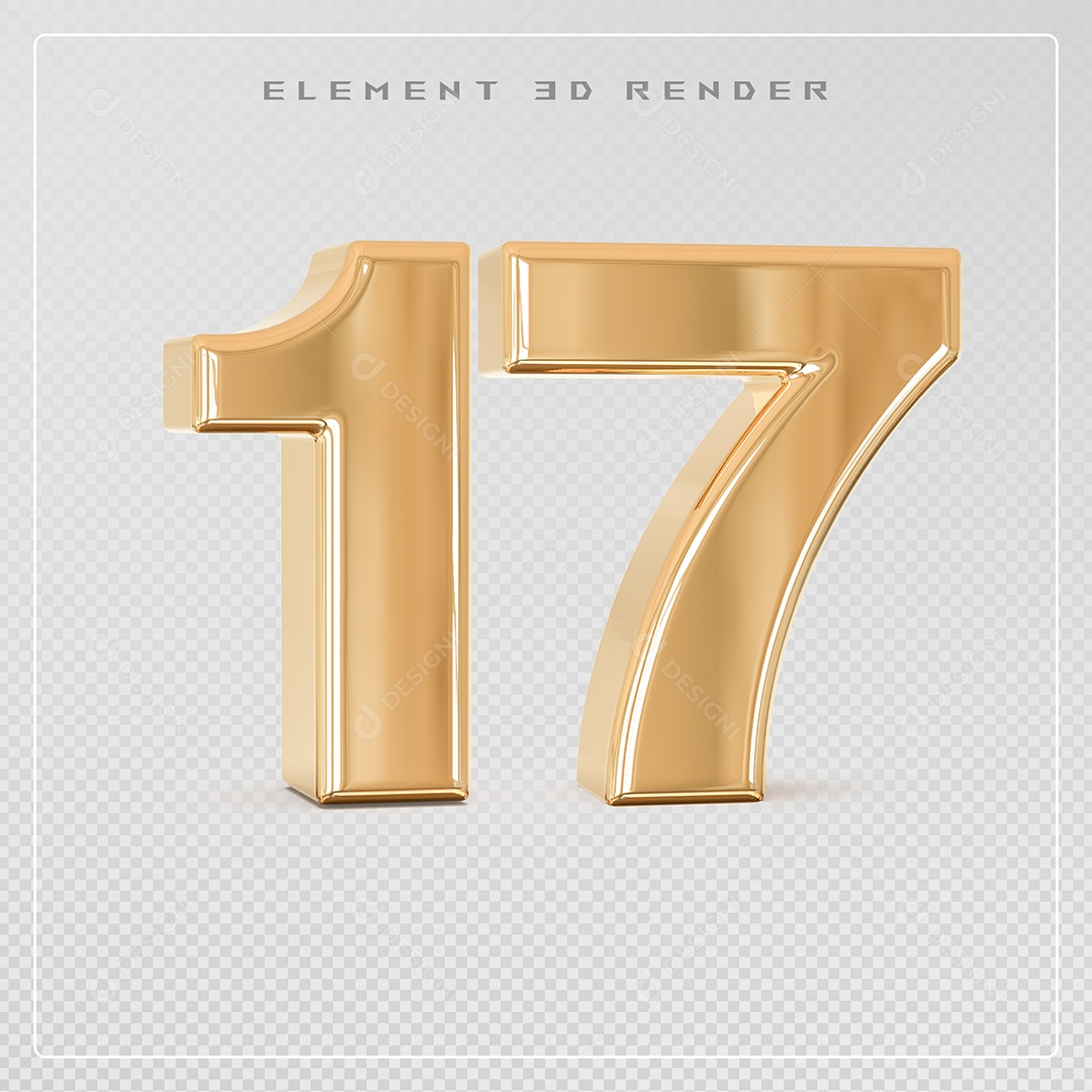 Elemento 3D Número 17 Dourado para Composição PSD