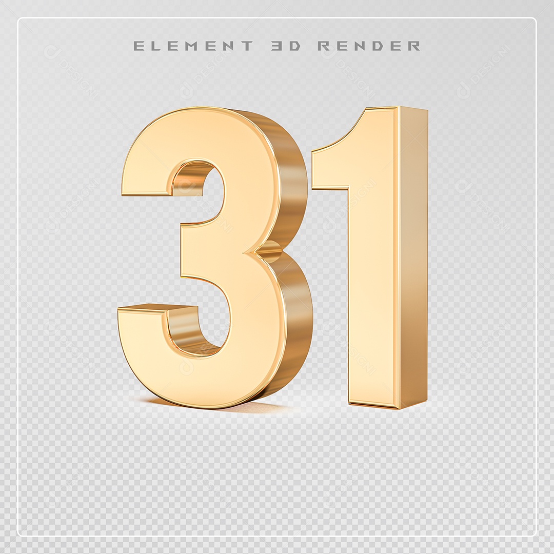 Elemento 3D Número 31 Dourado para Composição PSD