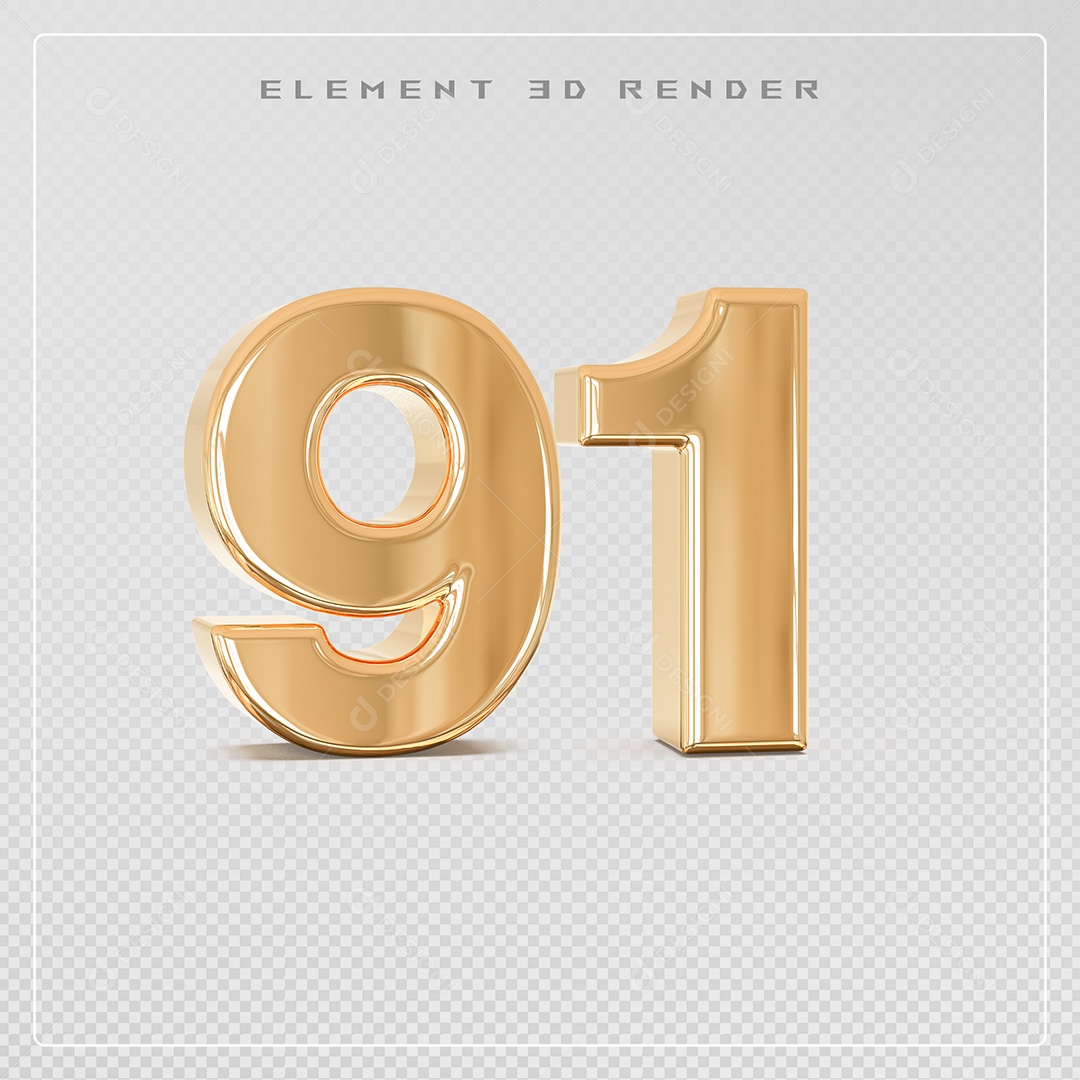 Elemento 3D Número 91 Dourado para Composição PSD
