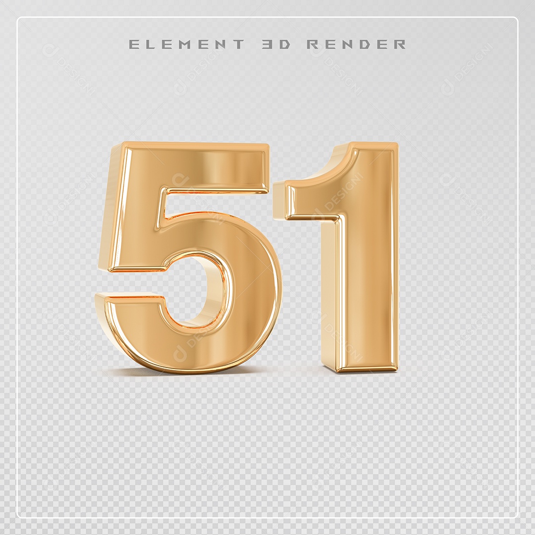 Elemento 3D Número 51 Dourado para Composição PSD