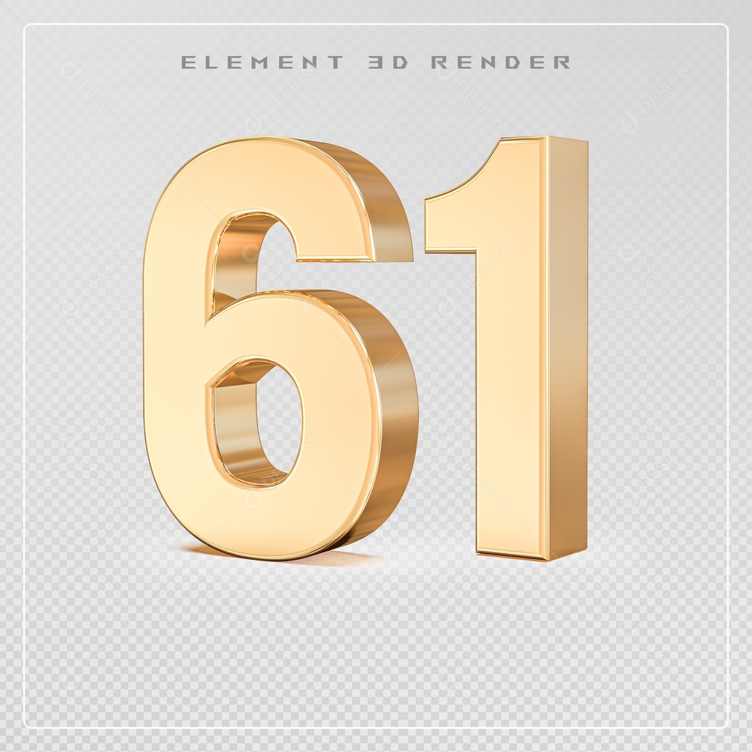 Elemento 3D Número 61 Dourado para Composição PSD