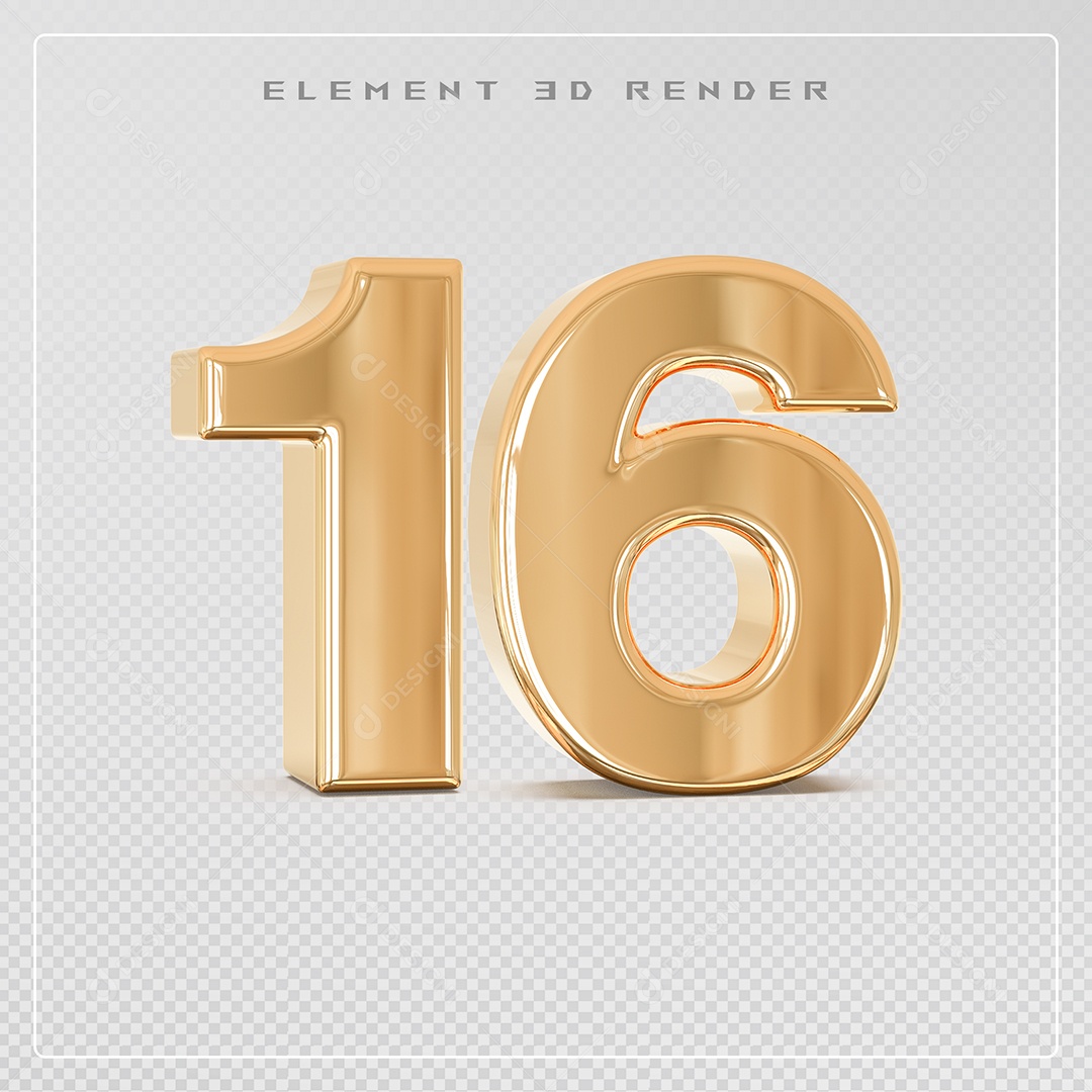 Elemento 3D Número 16 Dourado para Composição PSD