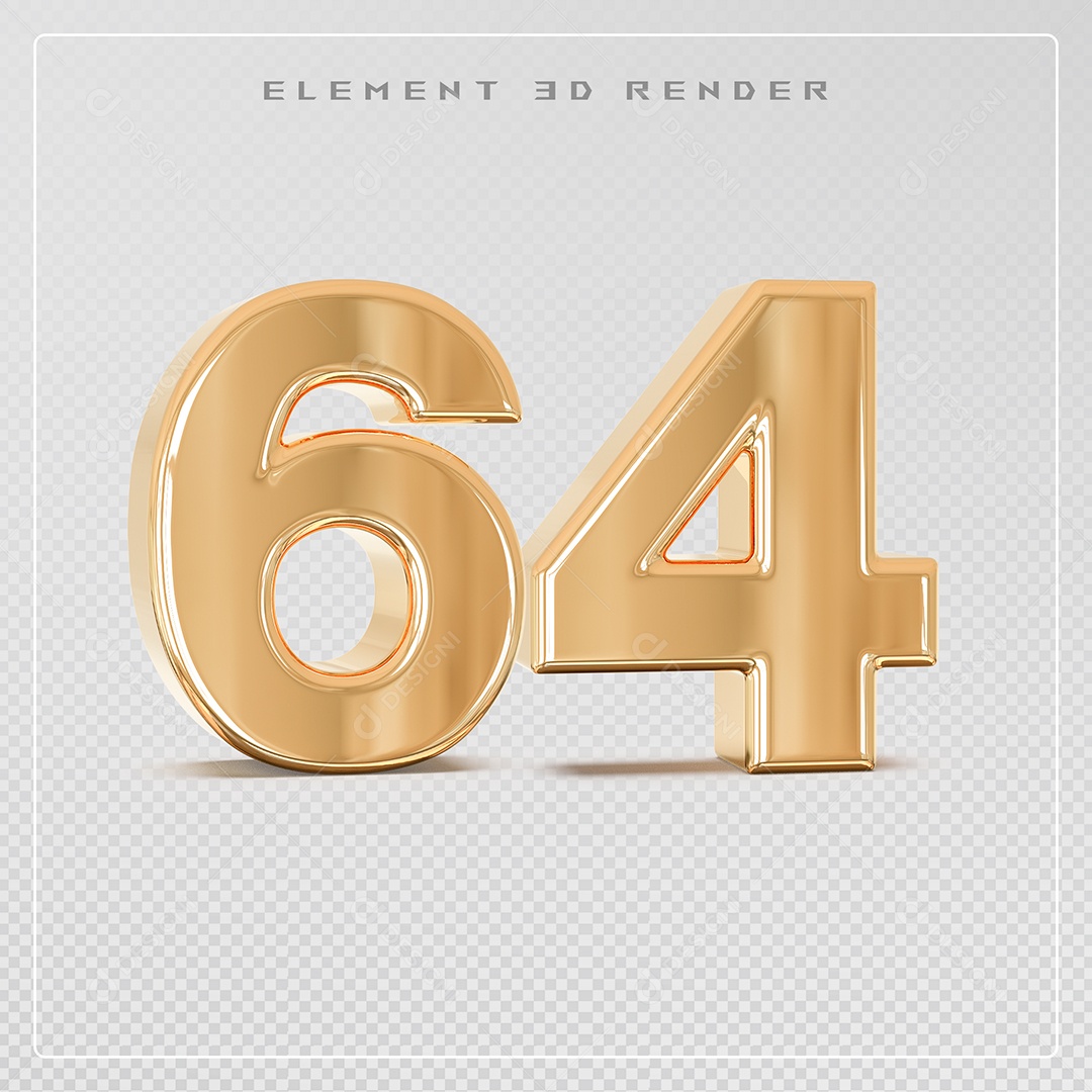 Elemento 3D Número 64 Dourado para Composição PSD