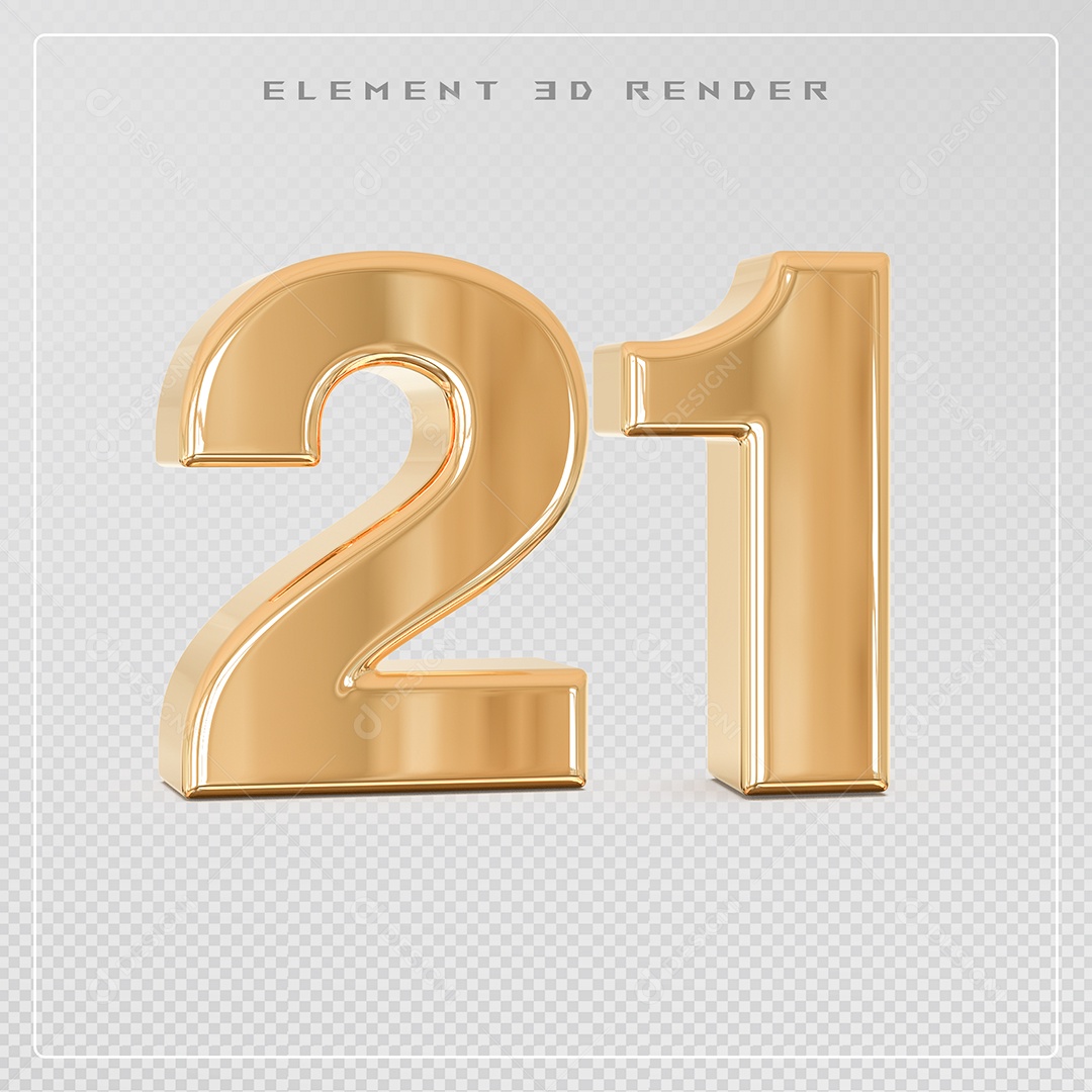 Elemento 3D Número 21 Dourado para Composição PSD