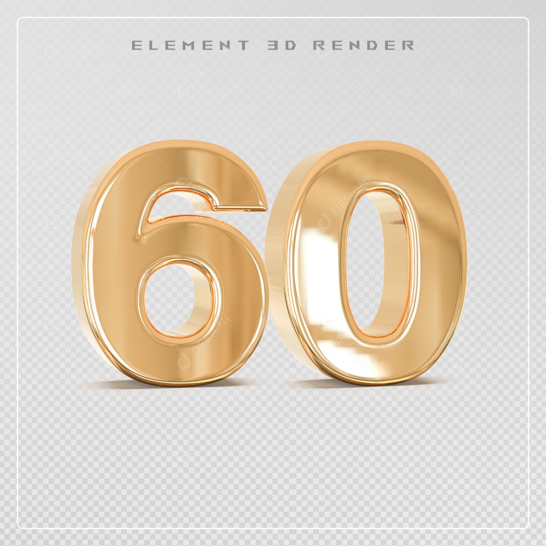 Elemento 3D Número 60 Dourado para Composição PSD