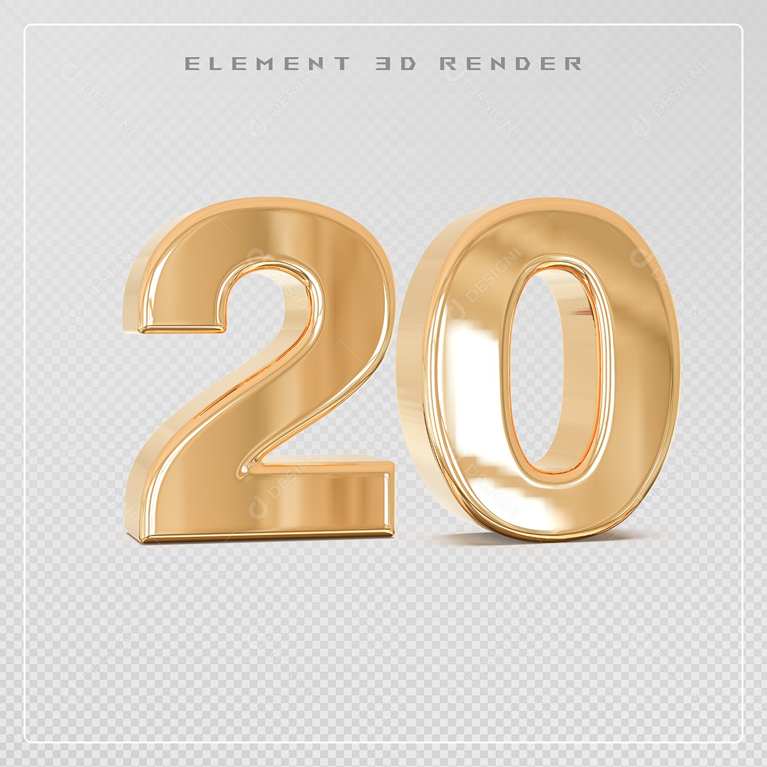 Elemento 3D Número 20 Dourado para Composição PSD