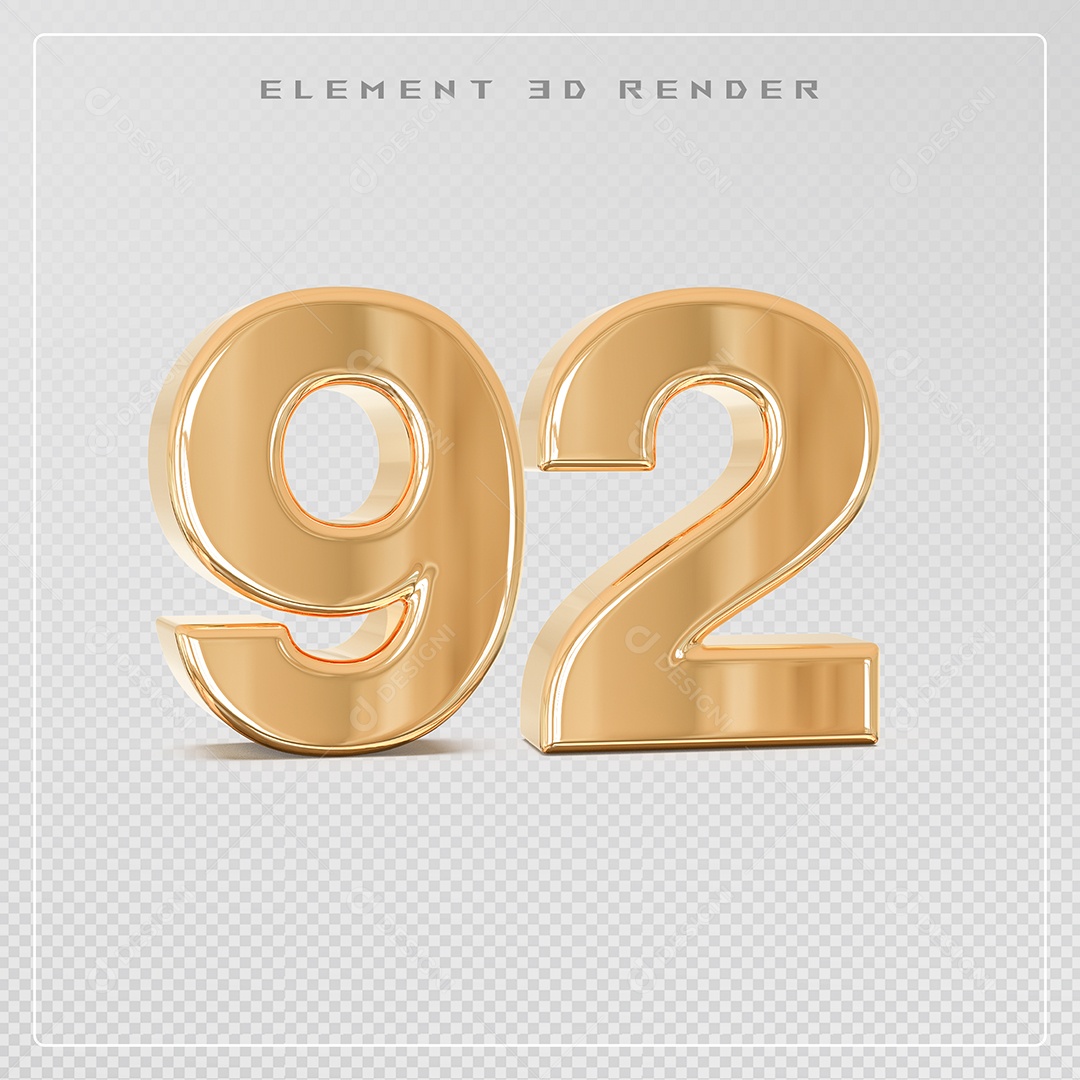 Elemento 3D Número 92 Dourado para Composição PSD