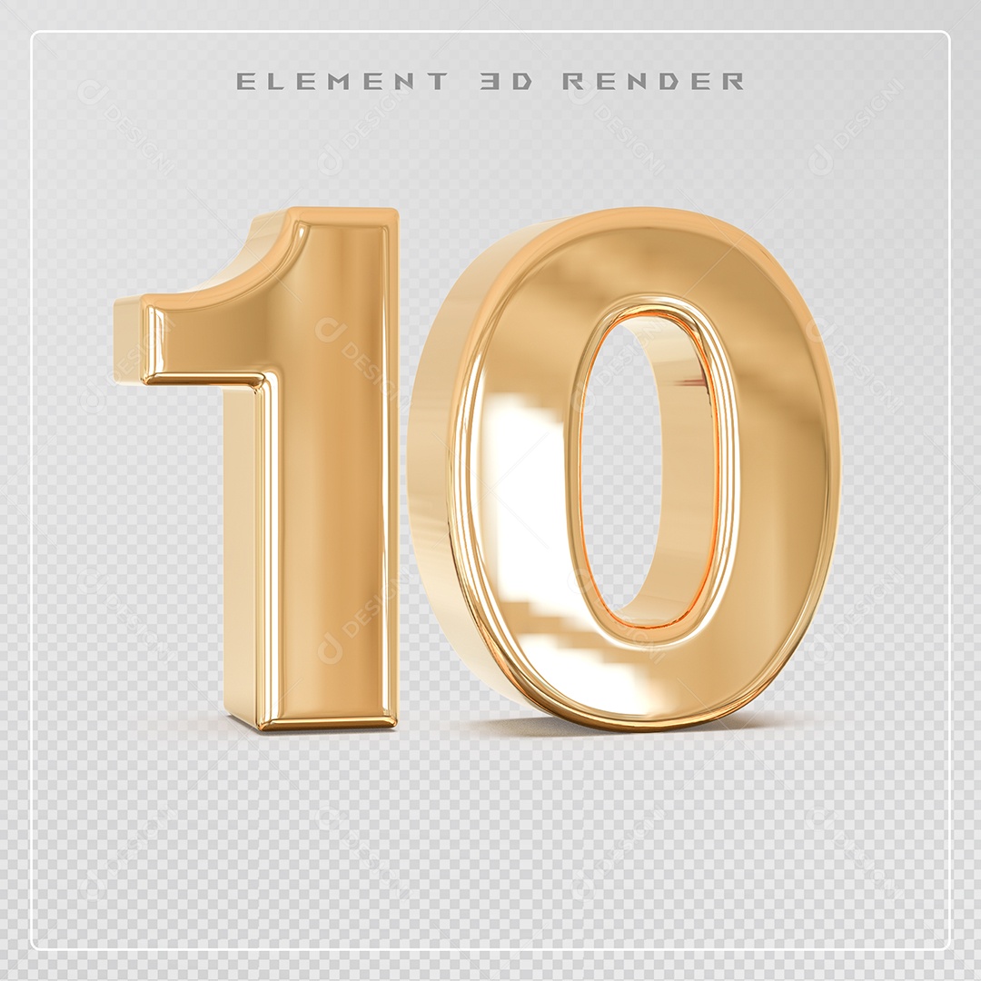 Elemento 3D Número 10 Dourado para Composição PSD